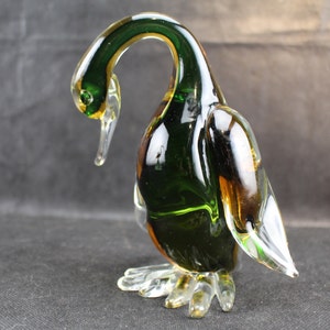 Murano Art Glass Bird Figurine Duck Looking Down Sommerso Clear Amber & Green-Collectible Home Decor