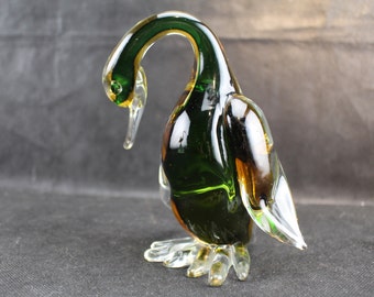 Murano Art Glass Bird Figurine Duck Looking Down Sommerso Clear Amber & Green-Collectible Home Decor