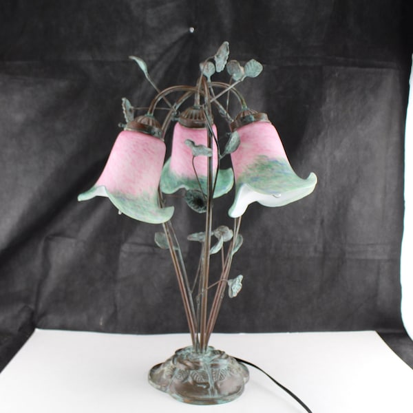 Vintage Copper and Glass Lily Pond Accent Lamp Three Pink Green Art Glass Shades-Collectible Interior Home Decor Lighting