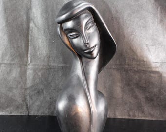 Mid-Century Modern Ebonized Carved Wood Bust | Stylized Veiled Woman / Madonna | 14" Tall