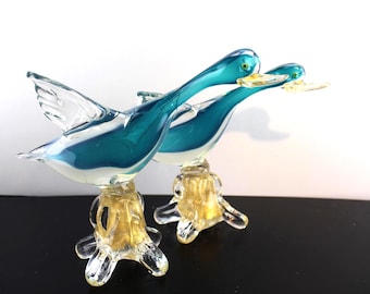 Murano Art Glass Pair Flying Ducks Blue Opal Figurines
