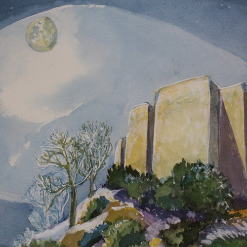 Vintage Watercolor shops Painting Landscape Church
