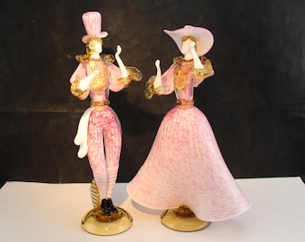 Murano Glass Made by Formia Courtesan Figurines Dancing Couple Pink White and Gold 15" tall Collectible Vintage Home Decor