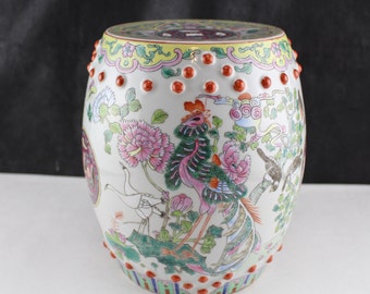 Mid Century Chinese Drum Style Garden Stoll Childs Size Famillia Rose Birds Collectible Asian Decor