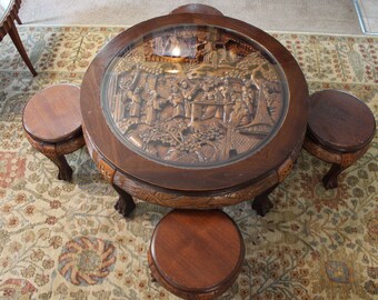 High Relief Hand Carved Wood Chinese Style Tea Table and Stools-Interior Asian Collectible Decor Home