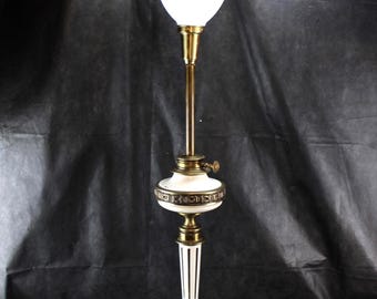 Vintage Neoclassical Brass & White Enamel Table Lamp Opal Glass Diffuser 38" Tall