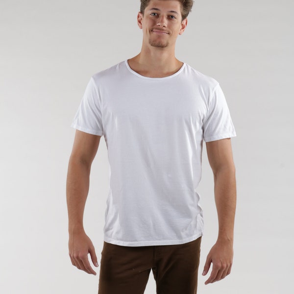 Mens White Supima Cotton T shirt, Open Neck T-shirt