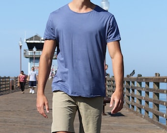 Supima Cotton Minimalist Blue Open Neck T Shirt