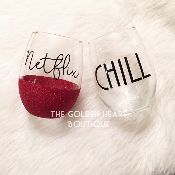 Items similar to Netflix and chill couples wine glass set/valentines