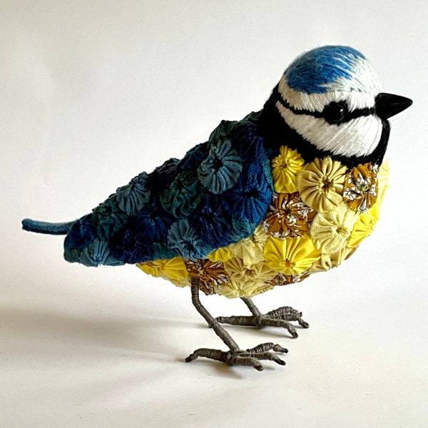 Blue Tit Bird Fabric Soft Sculpture -  Eclectic Minx - Textile Art - Liberty Fabric - Suffolk Puffs