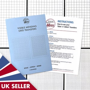 May include: Blue and white instructions for using "Stick 'n' Stitch" visible mending grid transfers. The instructions include steps for ironing, sticking, stitching, and dissolving the transfer. The image also shows a blue sheet with two grid patterns.
