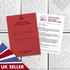 May include: A red pack of Sashiko visible mending transfers with 10 heart-themed designs and a white instruction sheet titled How to use your Stick 'n' Stitch Transfers, featuring steps to iron, stick, stitch, dissolve, and dry the fabric.