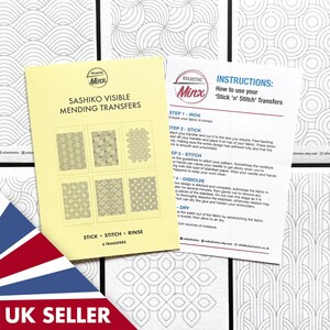 May include: A yellow card with Sashiko visible mending transfers and instructions. The card shows six geometric patterns for stitching. The text on the card reads "Stick, Stitch, Rinse" and "6 Transfers".