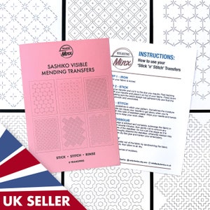 May include: A set of six pink Sashiko Visible Mending Transfers featuring geometric patterns. The transfers are labelled "Stick Stitch Rinse". Instructions for using the transfers are included on a white sheet of paper.
