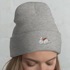 Lazy Rabbit Cuffed Beanie / Embroidered Knit Head-Warming Hat / Winter Gift Cartoon Kawaii Cute Bunny Sleeping Lovers /  One Size