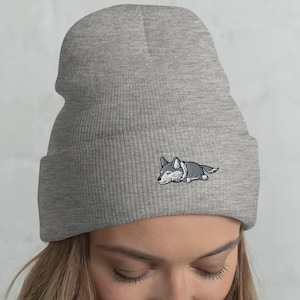 Lazy Wolf Cuffed Beanie / Embroidered Knit Head-Warming Hat / Winter Cartoon Kawaii Gift Wolf Sleeping Lovers /  One Size
