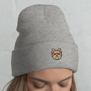 Embroidered Yorkshire Terrier Beanie / Head-Warming Hat / Embroidery Dog Head / Winter Gift For Yorkie Lovers / One Size Fits All