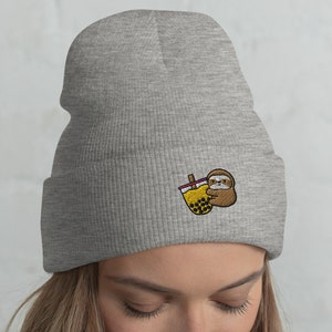 Lazy Sloth Boba Cuffed Beanie / Embroidered Knit Head-Warming Hat / Winter Gift Cartoon Kawaii Cute Sloth Loves Bubble Tea /  One Size