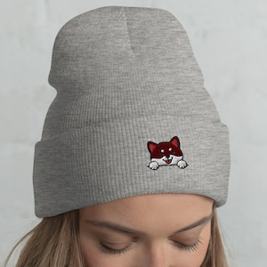 Black Shiba Inu Cuffed Beanie / Embroidered Shiba Head-Warming Hat / Smiling Dog Winter Christmas Kawaii Gift Shiba Lover /  One Size