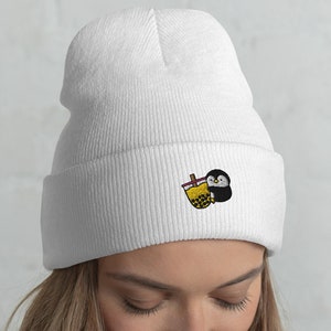 Penguin Boba Cuffed Beanie / Embroidered Knit Head-Warming Hat / Winter Gift Cartoon Kawaii Cute Penguin Loves Bubble Tea /  One Size