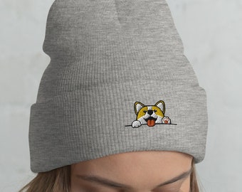 Embroidered Corgi Paws Up  Beanie / Welsh Corgi Smiling Hat / Kawaii Corgi Cuffed Knit Beanie / Gift for Him Her /  One Size