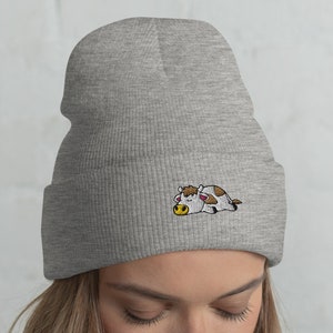 Lazy Cow Cuffed Beanie / Embroidered Knit Head-Warming Hat / Winter Gift Cartoon Kawaii Cute Cow Sleeping Lovers /  One Size