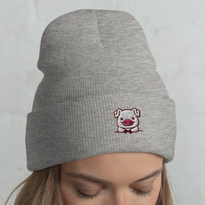 Cute Pig Cuffed Beanie / Embroidered Head-Warming Hat / Cute Pig Smiling Winter Kawaii Gift Pig Farmer /  One Size