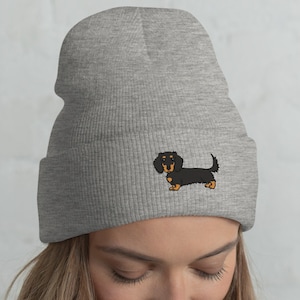 Long Haired Dachshund Cuffed Beanie / Embroidered Knit Head-Warming Hat / Winter Gift Cartoon Kawaii Black Tan Dog Lover / One Size Fits All