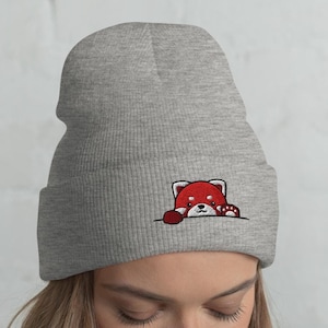 Red Panda Paws Up Cuffed Beanie / Embroidered Knit Head-Warming Hat / Cartoon Kawaii Peeking Red Panda Gift /  One Size Fits All