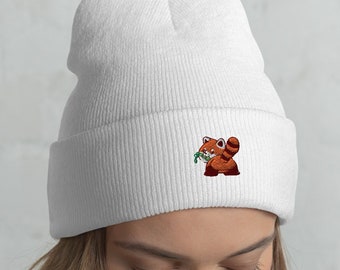 Embroidered Red Panda Beanie: Kawaii Cartoon Knit Hat