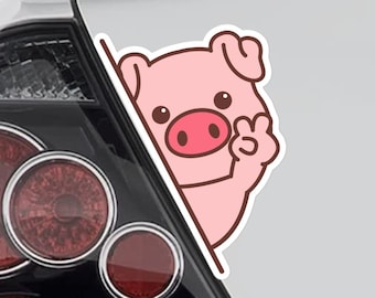 Peeking Cute Pig Car Decal Sticker / Kawaii Funny Pig Showing V-Sign Hand Vinyl Waterproof Removable Outdoor Bumper Window Laptop