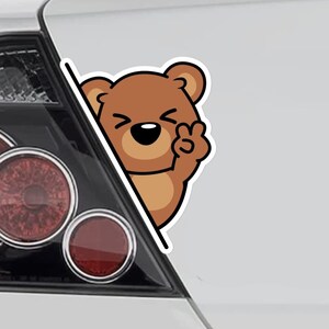 Peeking Brown Bear Car Decal Sticker / Kawaii Funny Cartoon Bear Showing V-Sign Hand Vinyl Waterproof Removable Outdoor Bumper Window Laptop