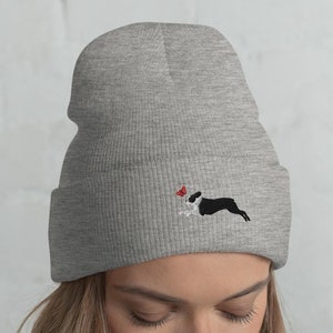 Embroidered Boston Terrier Beanie / Head-Warming Hat / Embroidery Running Dog / Winter Gift Bostie Lover / One Size Fits All
