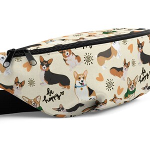 Tricolor Corgi Walking Bag / Tri Black Happy Corgies Fanny Pack / Waist Belt Belly Bum Bag / Treats Hip / Crossbody Bag / Accessory Gift