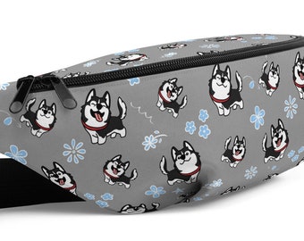 Black Husky Walking Bag / Cute Dog Fanny Pack / Waist Flowers Belt Bag / Treats Hip Bag / Crossbody Bag / Siberian Husky Accessory Gift