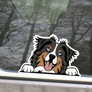 Black Tri Australian Shepherd Car Sticker Decal / Cartoon Peeking Aussie Head / Vinyl Waterproof Removable Outdoor / Window Bumper Laptop