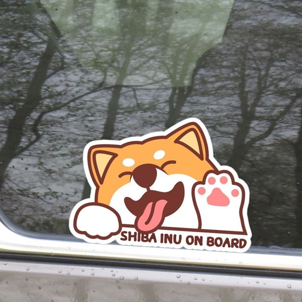 Shiba Inu On Board Car Decal Sticker / Smiling Peeker Dog In Car Waving Paw Vinyl Waterproof Decal / Car Bumper Window (Outdoor + Indoor)