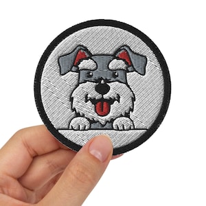 Mini Schnauzer Embroidered Patch / Kawaii Peeking Miniature Dog / Iron-On, Sew-On, Safety Pin / Patches For Jeans Clothes Bags / 3″ diameter