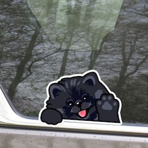 Custom Black Pomeranian Spitz Car Decal / Peeking Kawaii German Dog Waving Paw Bumper Window Laptop Sticker / Vinyl Waterproof Removable