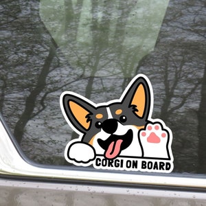 Tricolor Corgi On Board Car Decal Sticker / Peeking Black Corgi Dog Waving Paw Vinyl Waterproof / Custom Car Window Bumper Outdoor