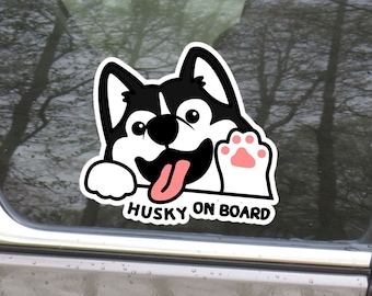 Husky on Board Car Decal: Cartoon Black Husky, Waterproof Sticker
