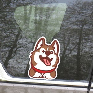 Husky Smiling Car Sticker Decal / Red Siberian Husky Dog / Waterproof Vinyl Decal Car Window Bumper Laptop Water Bottle / Outdoor + Indoor