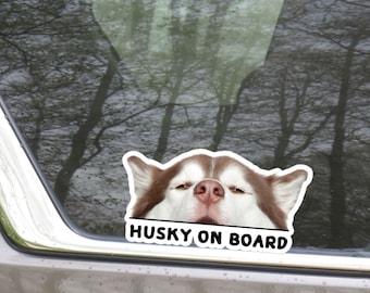 Husky On Board Car Sticker Decal / Peeking Red Siberian Husky Window Bumper  /  Dog Vinyl Decal Weather Resistant (Outdoor + Indoor)