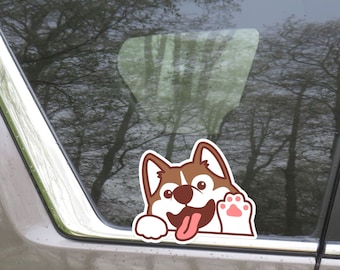Siberian Husky Car Decal / Peek Husky Waving Paw Car Sticker / Red Husky Dog Vinyl Decal / Outside Weather Resistant For Outdoor Indoor Use