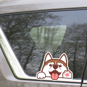 Siberian Husky Car Decal / Peeking Husky Waving Paw Car Sticker / Light Dark Red Husky Dog Head / Vinyl Waterproof Decal Bumper Window