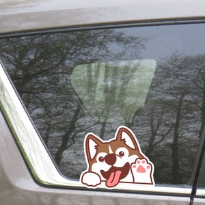 Siberian Husky Car Decal / Peek Husky Waving Paw Car Sticker / Red Husky Dog Vinyl Decal / Outside Weather Resistant For Outdoor Indoor Use