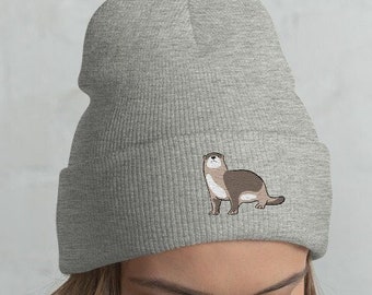 Otter Cuffed Beanie / Embroidered Knit Head-Warming Hat / Winter Gift Cartoon Kawaii Animals Lovers / One Size Fits All