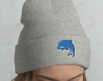 Dolphin Cuffed Beanie / Embroidered Knit Head-Warming Hat / Winter Gift Cartoon Kawaii Cute Dolphin Smiling Lover /  One Size