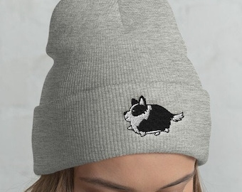 Fat Border Collie Cuffed Beanie / Embroidered Knit Head-Warming Hat / Winter Kawaii Gift For Border Collie Lovers /  One Size