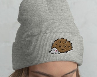 Hedgehog Cuffed Beanie / Embroidered Knit Head-Warming Hat / Winter Gift Cartoon Kawaii Cute Hedgehog Lover /  One Size